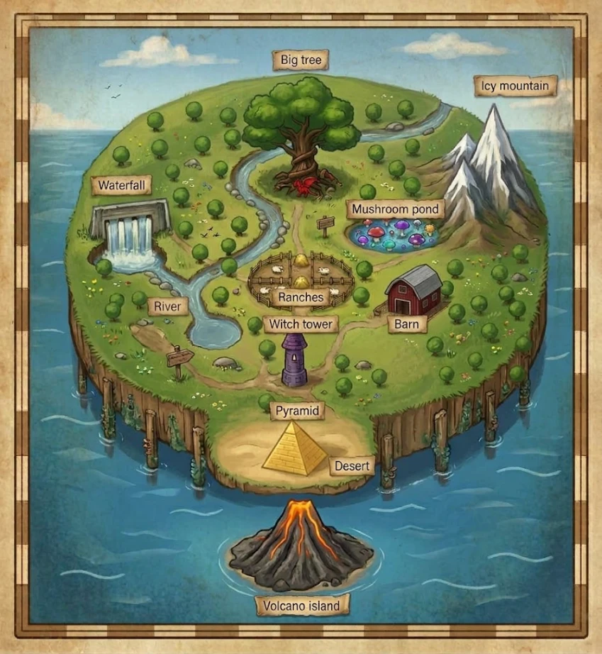 Ride a Pet Karte mit Big Tree, Icy Mountain, Mushroom Pond, Waterfall, River, Ranches, Barn, Witch Tower, Pyramid, Desert und Volcano Island
